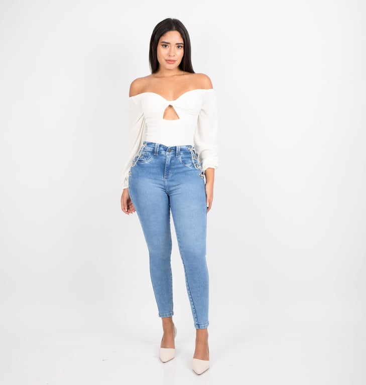 JEANS MUJER BENCUS JEANS CELESTE CHAIN STRETCH PANTALON CADENAS A LOS COSTADOS - 2