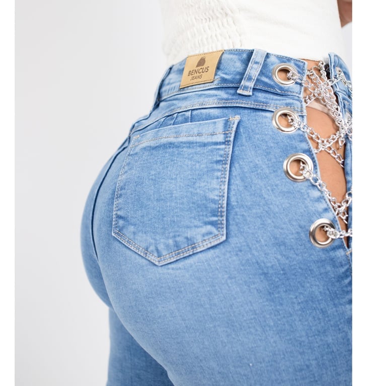 JEANS MUJER BENCUS JEANS CELESTE CHAIN STRETCH PANTALON CADENAS A LOS COSTADOS - 5
