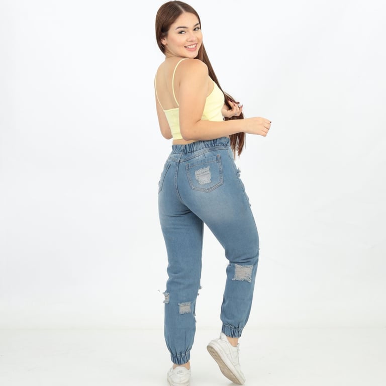 JEANS MUJER BENCUS JEANS CELESTE MOOM JOGGER RASGADO - 4