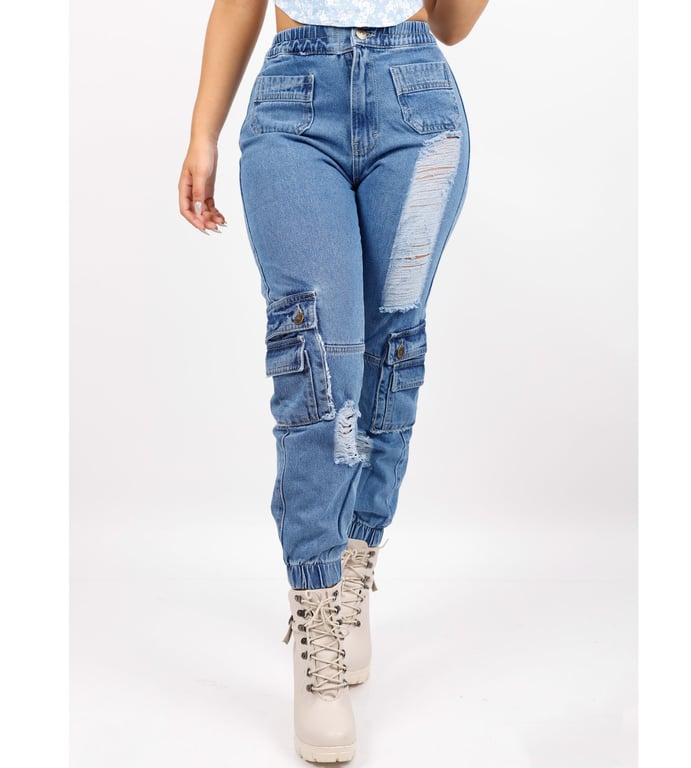 PANTALÓN MUJER BENCUS JEANS CELESTE JOGGER JEAN CARGO - 1