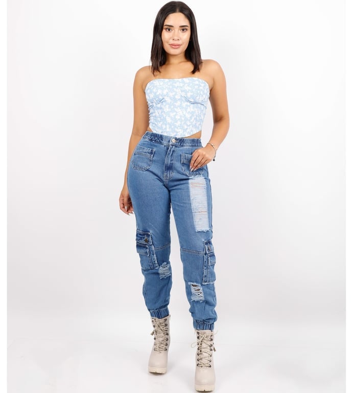 PANTALÓN MUJER BENCUS JEANS CELESTE JOGGER JEAN CARGO - 2