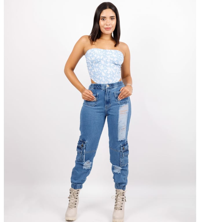 PANTALÓN MUJER BENCUS JEANS CELESTE JOGGER JEAN CARGO - 3