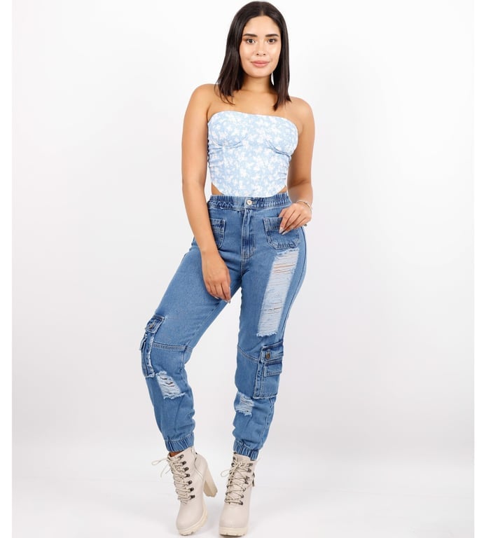 PANTALÓN MUJER BENCUS JEANS CELESTE JOGGER JEAN CARGO - 4