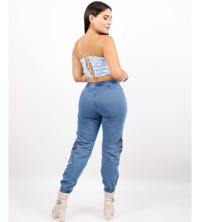 PANTALÓN MUJER BENCUS JEANS CELESTE JOGGER JEAN CARGO - 5