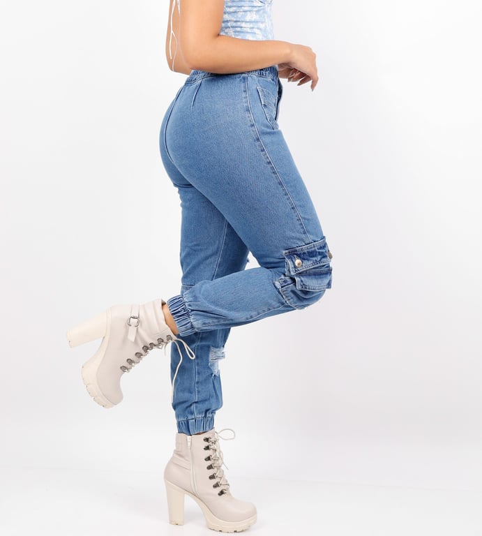 PANTALÓN MUJER BENCUS JEANS CELESTE JOGGER JEAN CARGO - 6