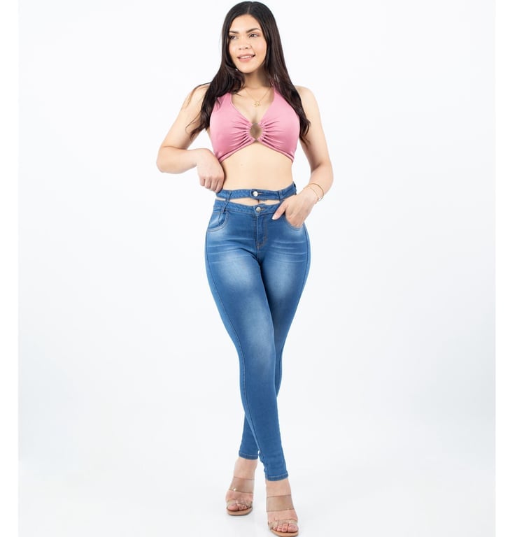 PANTALÓN JEAN MUJER BENCUS JEANS AZUL ACERO DOBLE PRETINA CUT OUT - 3