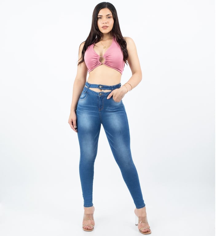 PANTALÓN JEAN MUJER BENCUS JEANS AZUL ACERO DOBLE PRETINA CUT OUT - 4