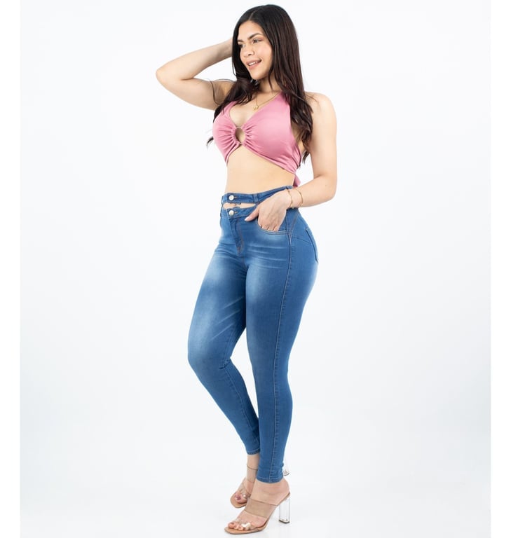 PANTALÓN JEAN MUJER BENCUS JEANS AZUL ACERO DOBLE PRETINA CUT OUT - 5
