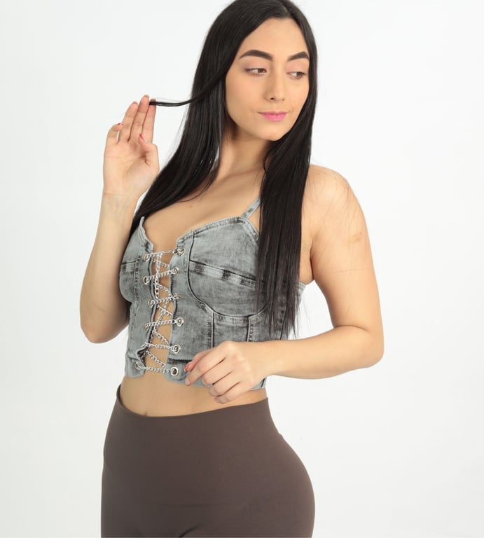 TOP MUJER BENCUS JEANS GRIS CLARO JEAN CORSET CON ESCOTE DE CADENAS - 1