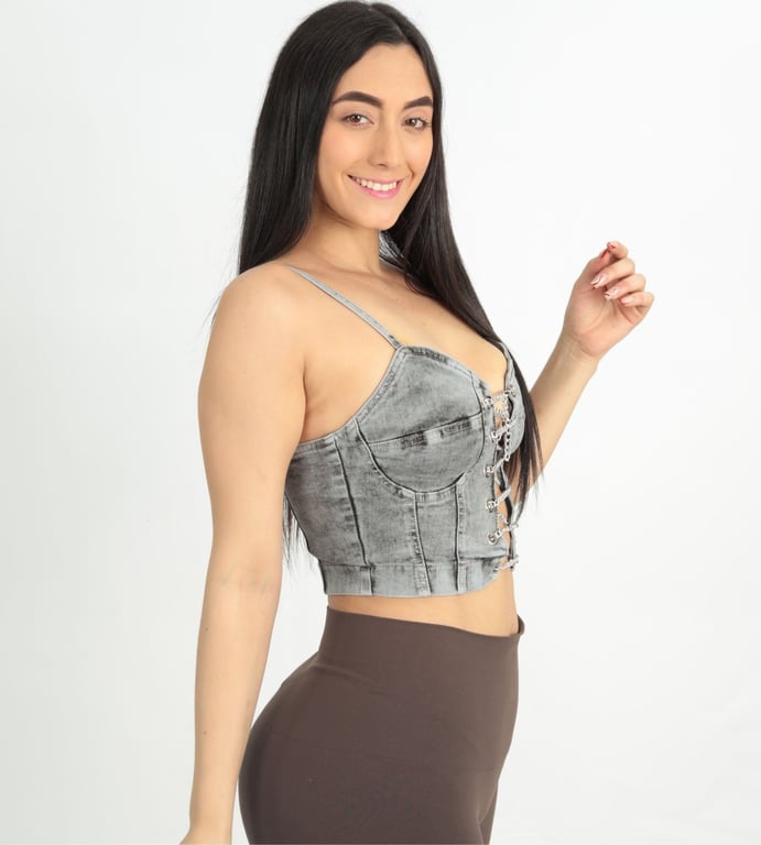 TOP MUJER BENCUS JEANS GRIS CLARO JEAN CORSET CON ESCOTE DE CADENAS - 3