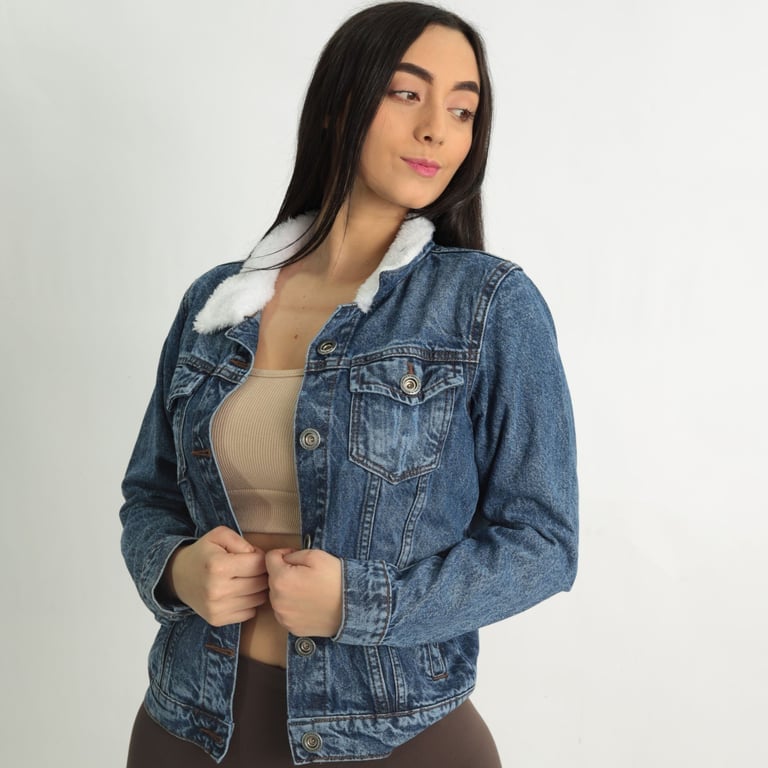 CASACA DENIM MUJER BENCUS JEANS AZUL CUELLO PELUCHE - 1