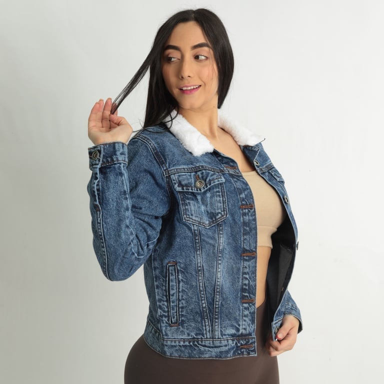 CASACA DENIM MUJER BENCUS JEANS AZUL CUELLO PELUCHE - 4