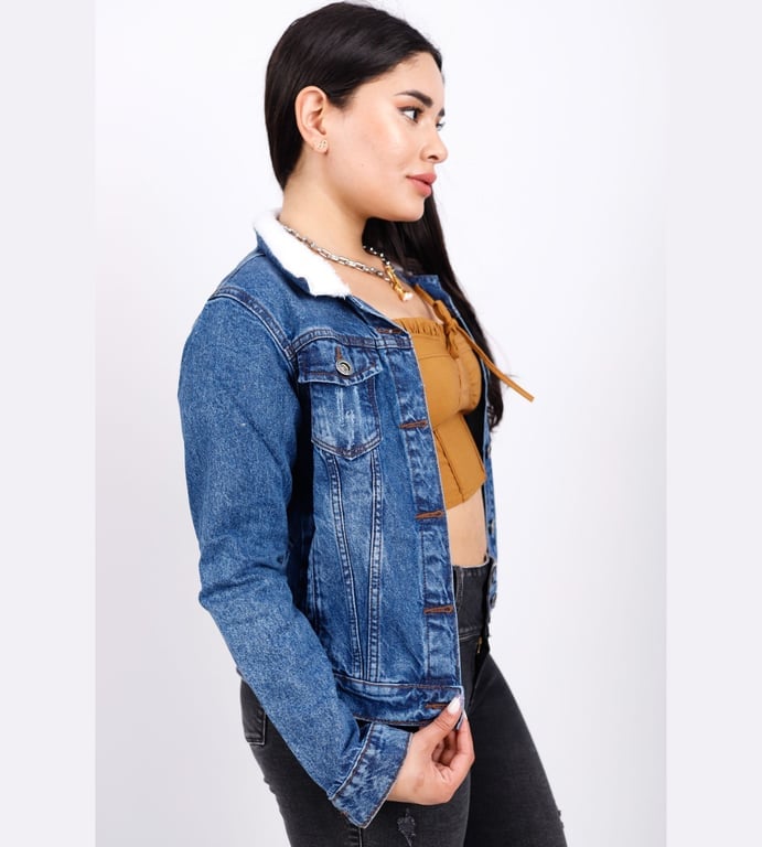 CASACA MUJER BENCUS JEANS AZUL CON PELUCHE EN EL CUELLO MODELO TEDDY - 1