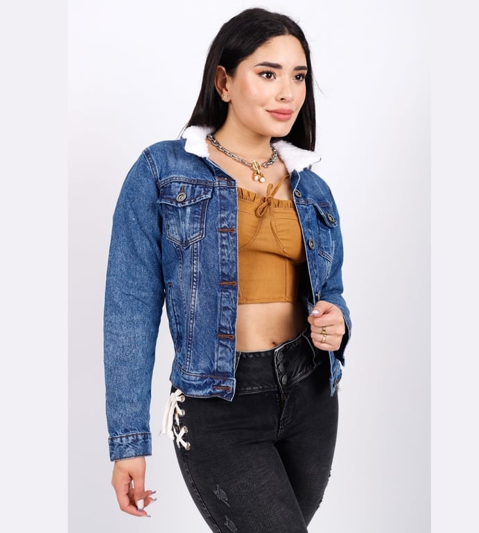 CASACA MUJER BENCUS JEANS AZUL CON PELUCHE EN EL CUELLO MODELO TEDDY - 3