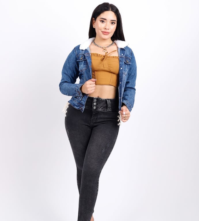 CASACA MUJER BENCUS JEANS AZUL CON PELUCHE EN EL CUELLO MODELO TEDDY - 4
