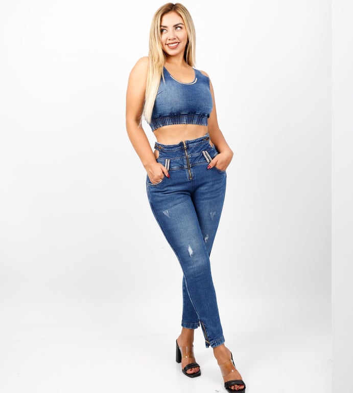 CONJUNTO MAXI MUJER BENCUS JEANS AZUL DENIM TOP + PANTALÓN - 2
