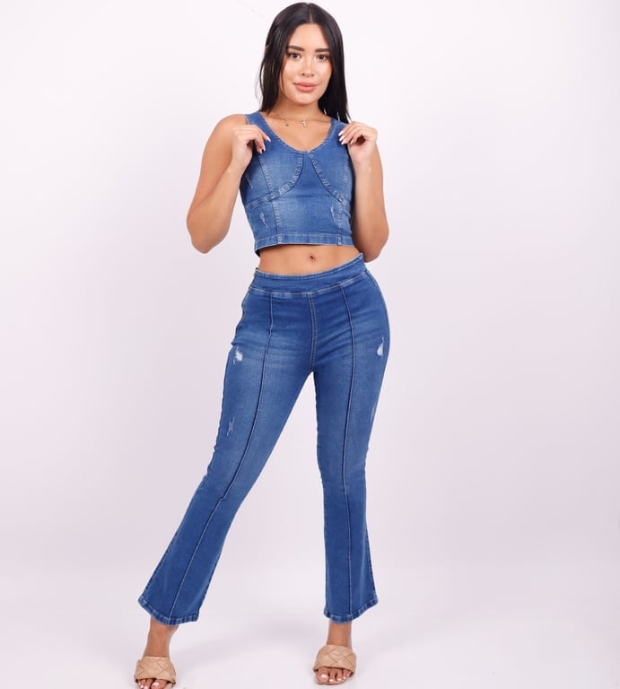 CONJUNTO MAXI MUJER BENCUS JEANS AZUL JEANS PANTALÓN DENIM ACAMPANADO + TOP JEAN - 2