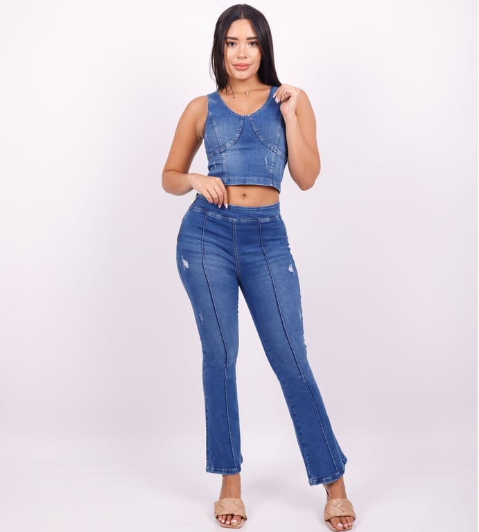 CONJUNTO MAXI MUJER BENCUS JEANS AZUL JEANS PANTALÓN DENIM ACAMPANADO + TOP JEAN - 3