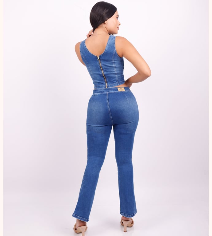 CONJUNTO MAXI MUJER BENCUS JEANS AZUL JEANS PANTALÓN DENIM ACAMPANADO + TOP JEAN - 6