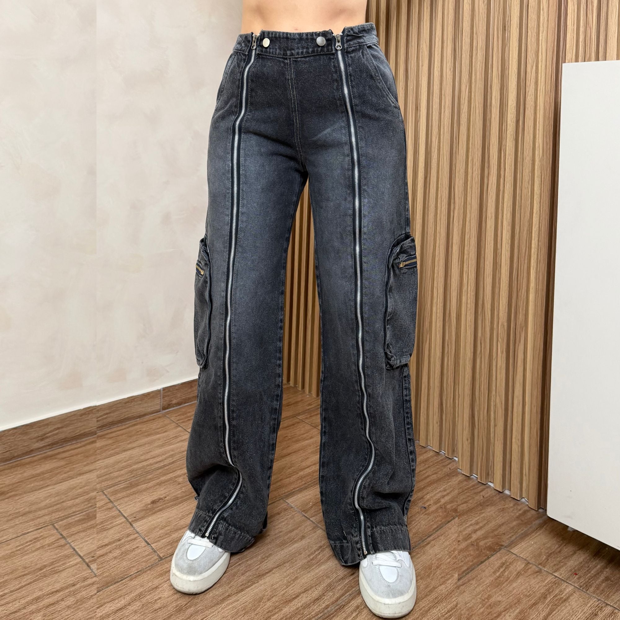 PANTALÓN BAGGY CARGO MUJER TIRO ALTO MEZCLILLA GRIS NEGRO CIERRES Y2K - 1