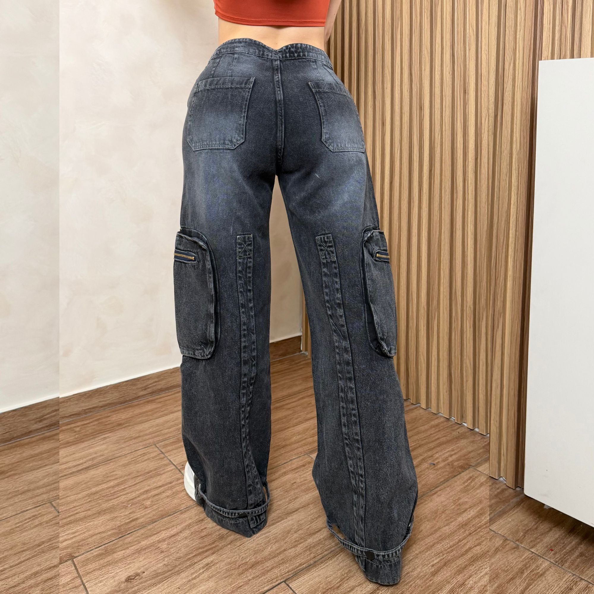 PANTALÓN BAGGY CARGO MUJER TIRO ALTO MEZCLILLA GRIS NEGRO CIERRES Y2K - 3