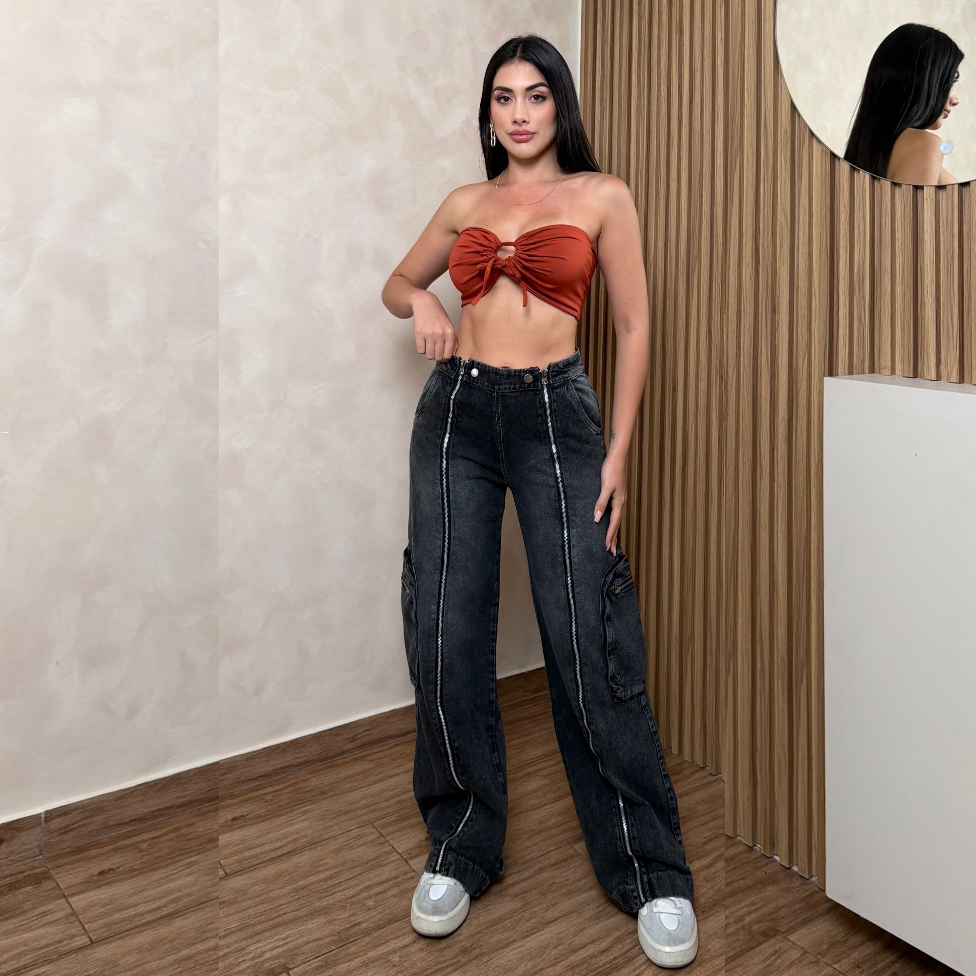 PANTALÓN BAGGY CARGO MUJER TIRO ALTO MEZCLILLA GRIS NEGRO CIERRES Y2K - 4