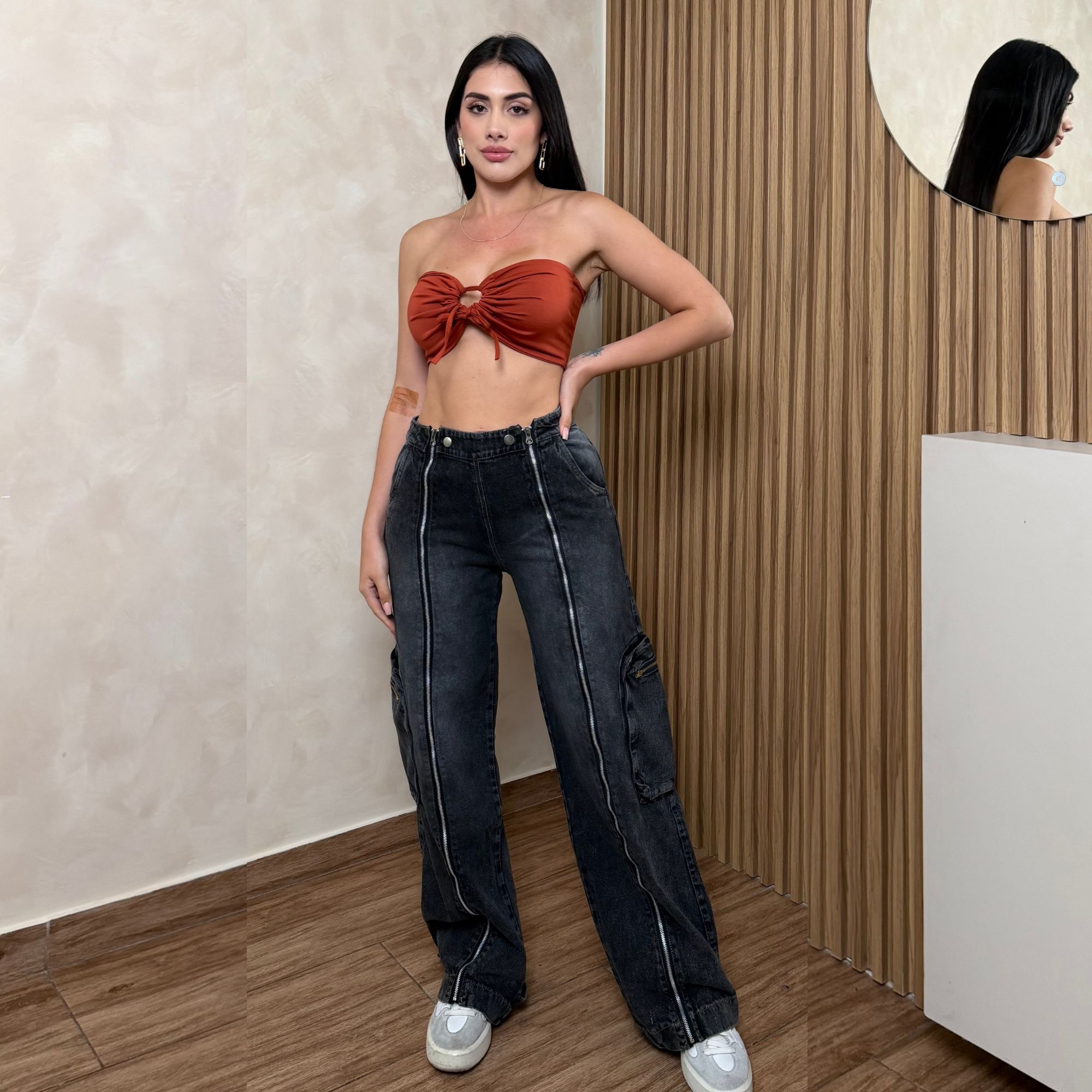 PANTALÓN BAGGY CARGO MUJER TIRO ALTO MEZCLILLA GRIS NEGRO CIERRES Y2K - 5