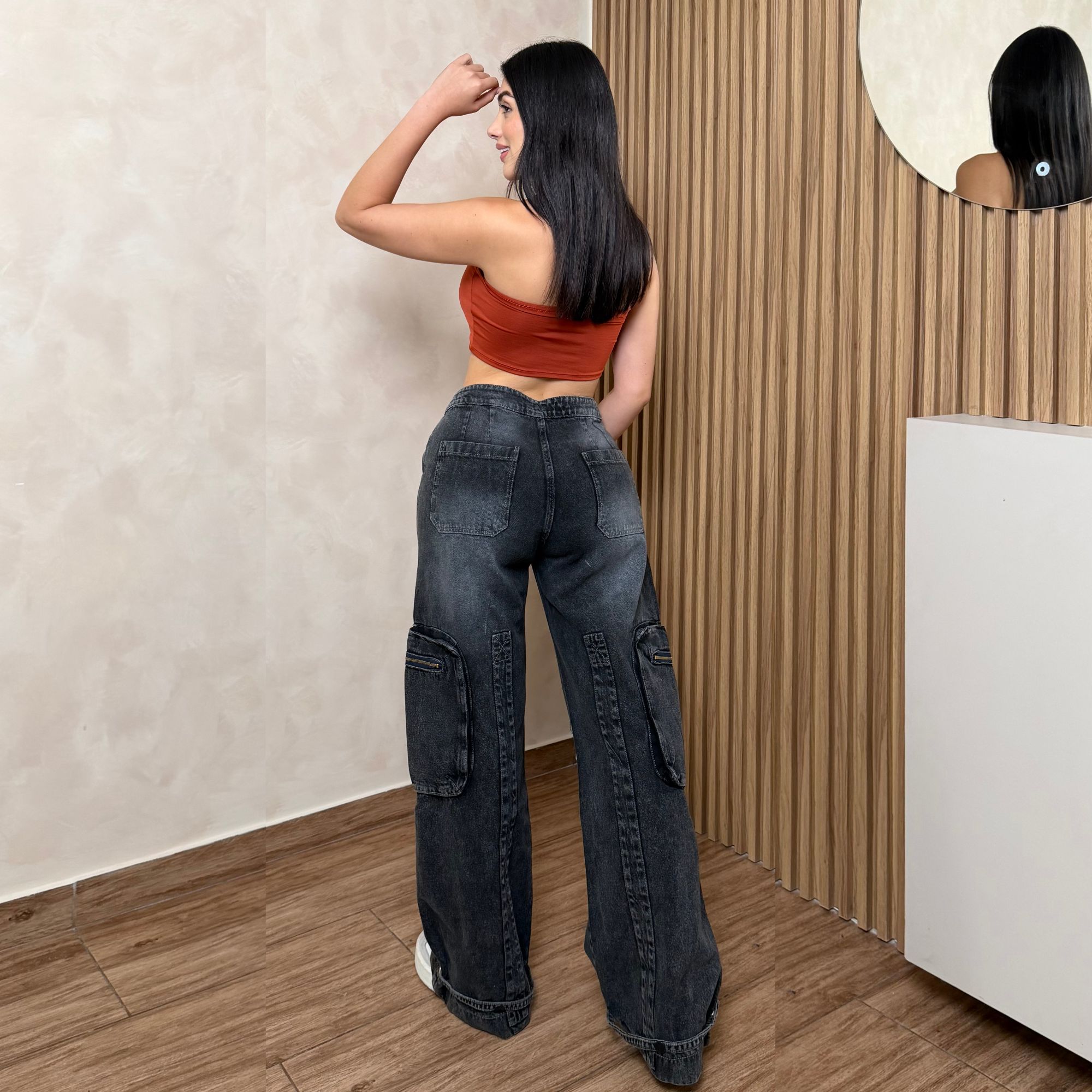 PANTALÓN BAGGY CARGO MUJER TIRO ALTO MEZCLILLA GRIS NEGRO CIERRES Y2K - 6