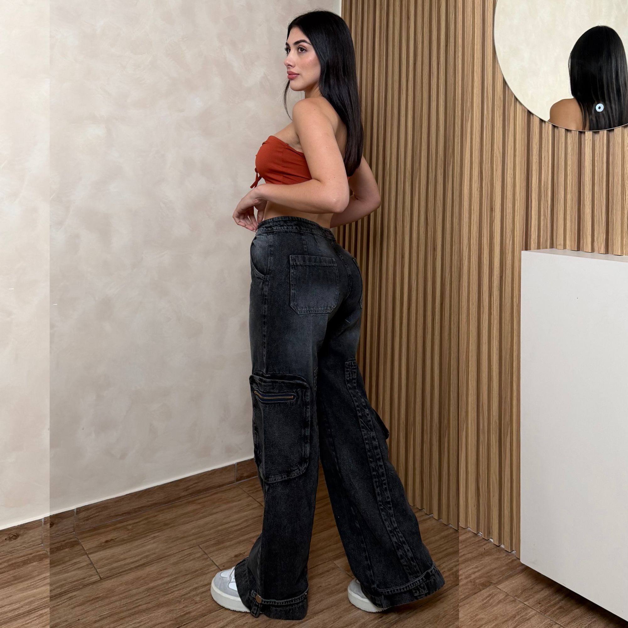 PANTALÓN BAGGY CARGO MUJER TIRO ALTO MEZCLILLA GRIS NEGRO CIERRES Y2K - 7