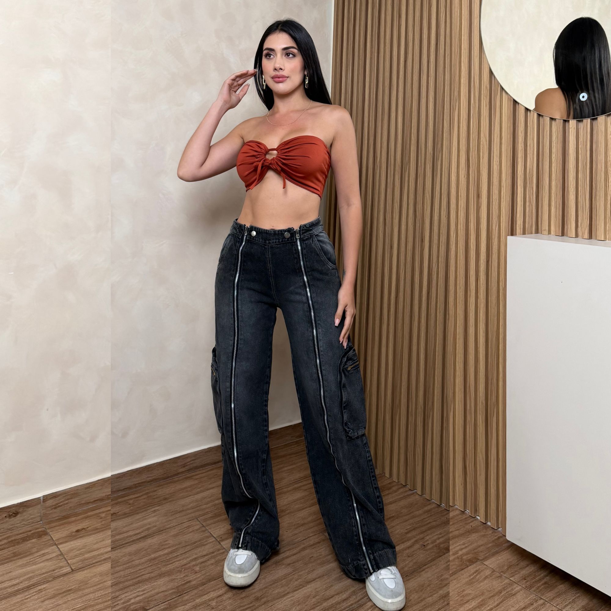 PANTALÓN BAGGY CARGO MUJER TIRO ALTO MEZCLILLA GRIS NEGRO CIERRES Y2K - 8