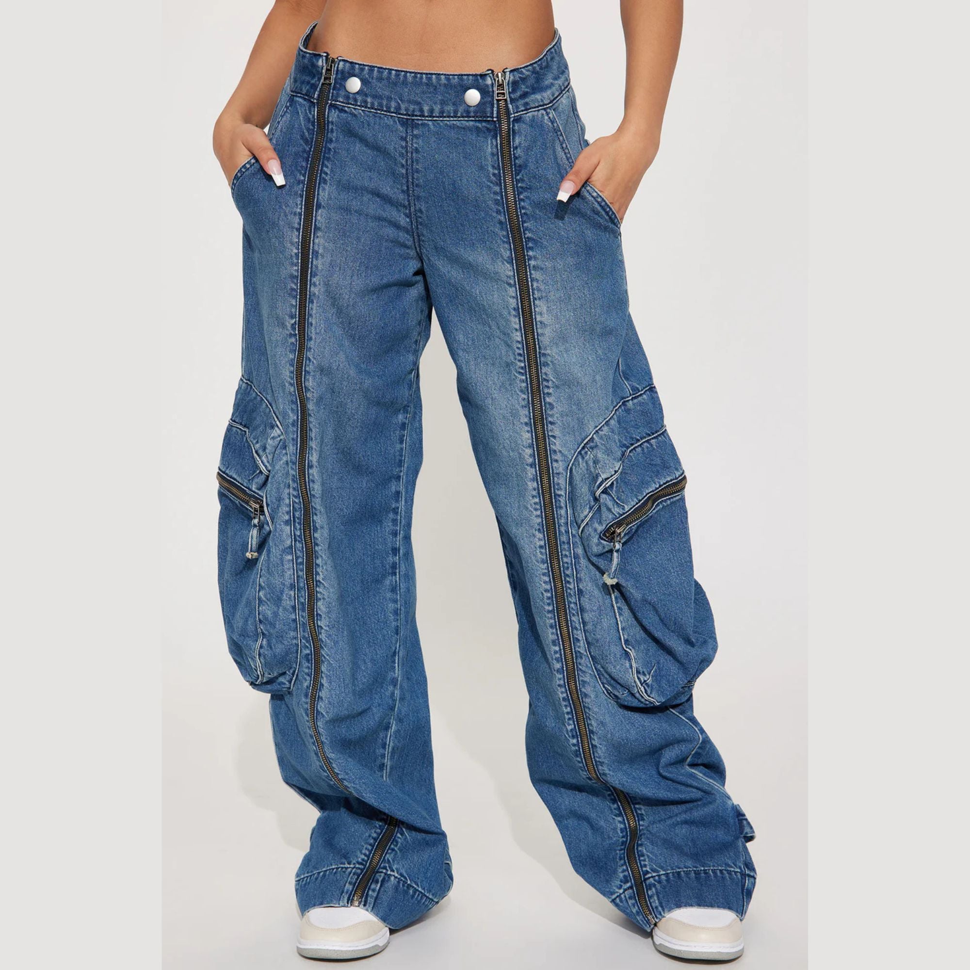 PANTALÓN BAGGY CARGO MUJER TIRO ALTO MEZCLILLA CIERRES Y2K - 1