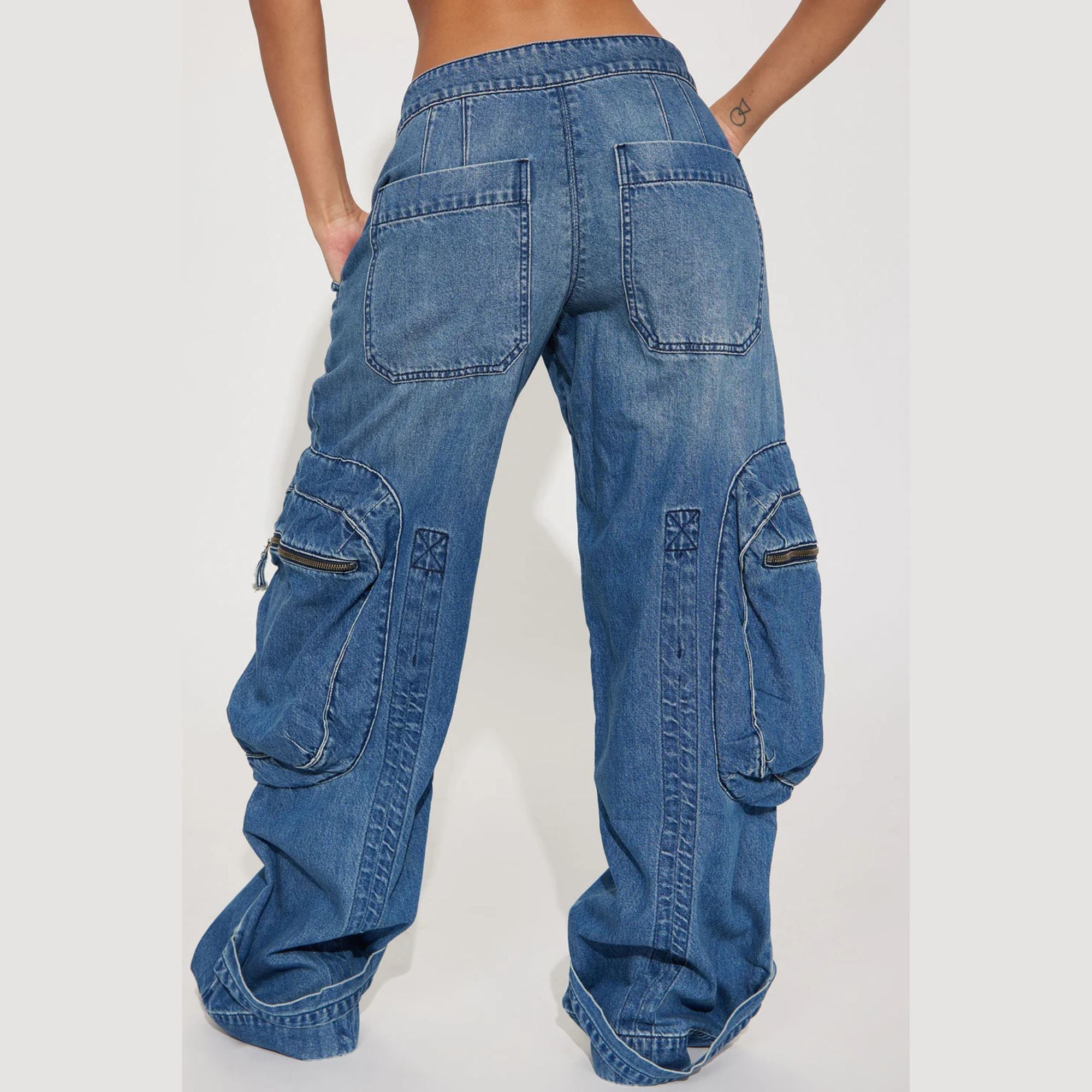 PANTALÓN BAGGY CARGO MUJER TIRO ALTO MEZCLILLA CIERRES Y2K - 2