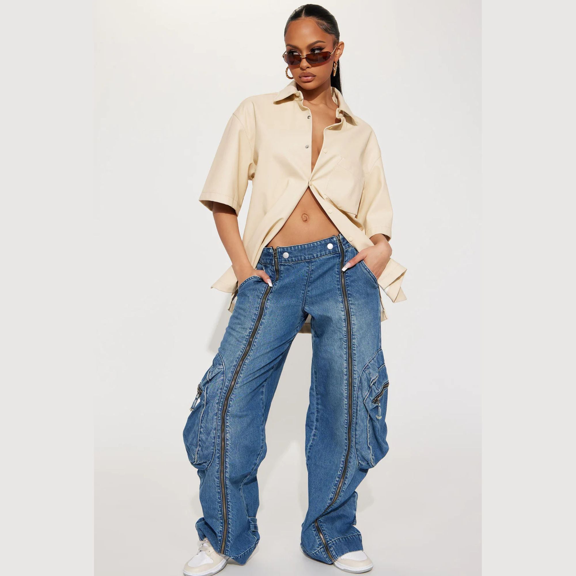 PANTALÓN BAGGY CARGO MUJER TIRO ALTO MEZCLILLA CIERRES Y2K - 3