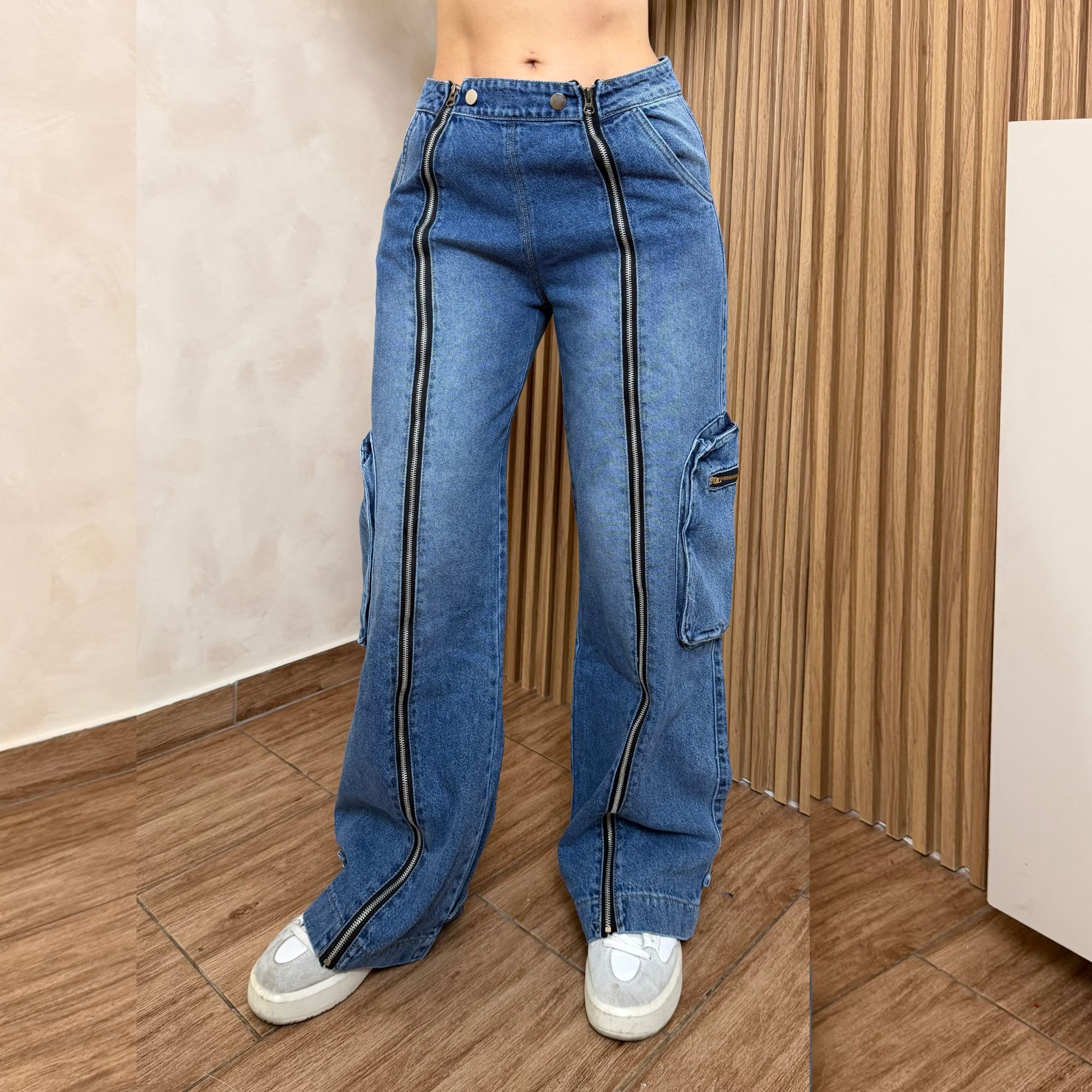 PANTALÓN BAGGY CARGO MUJER TIRO ALTO MEZCLILLA CIERRES Y2K - 4