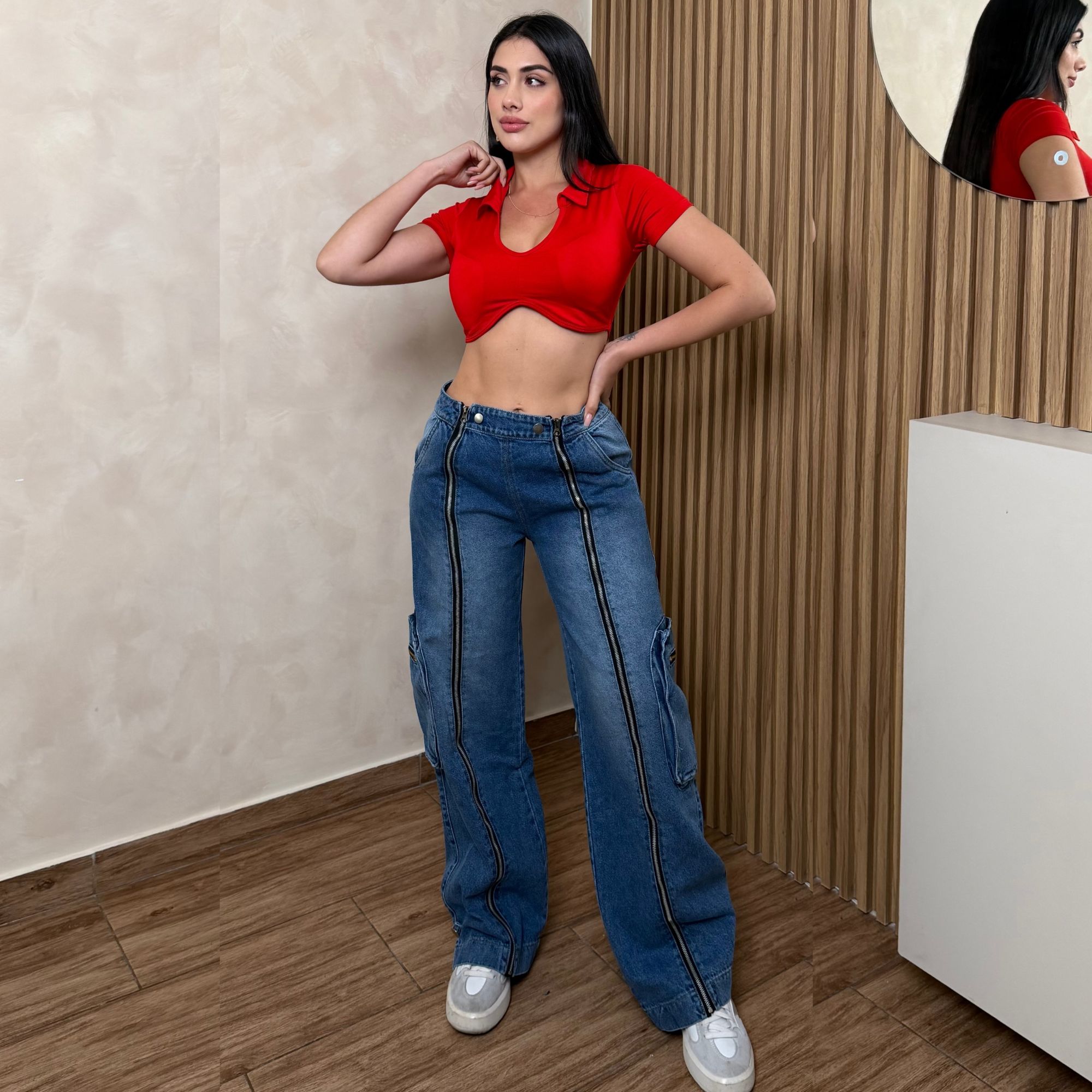 PANTALÓN BAGGY CARGO MUJER TIRO ALTO MEZCLILLA CIERRES Y2K - 8