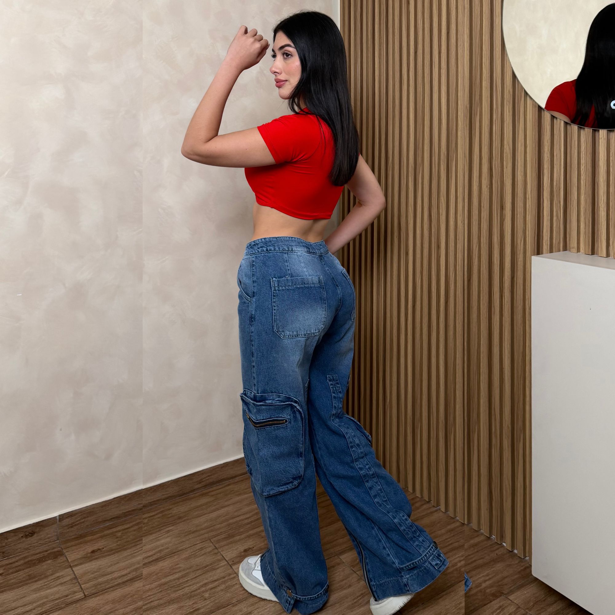 PANTALÓN BAGGY CARGO MUJER TIRO ALTO MEZCLILLA CIERRES Y2K - 9