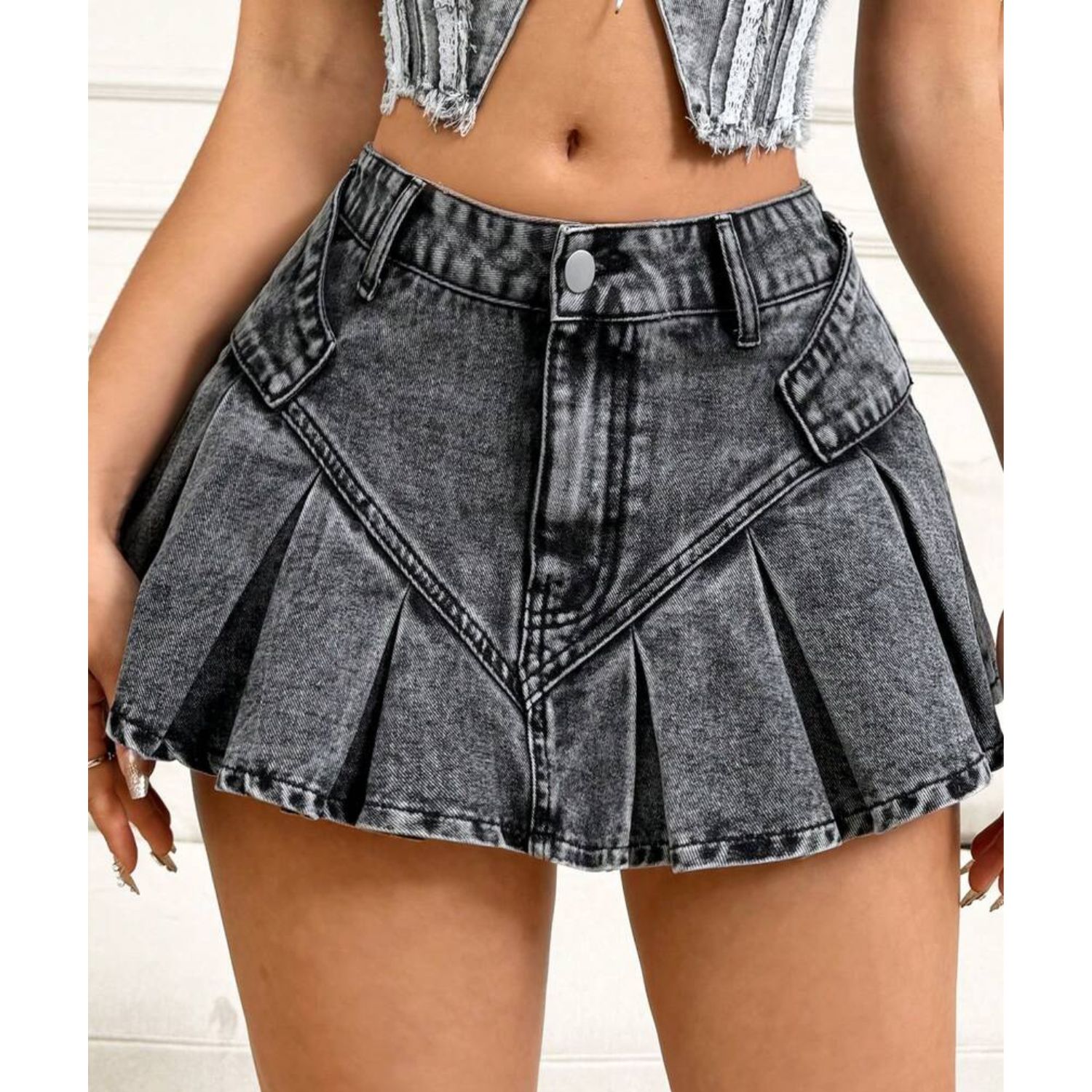 FALDA CORTA MUJER DENIM PLISADA SHORT INTERIOR TIRO ALTO - 4