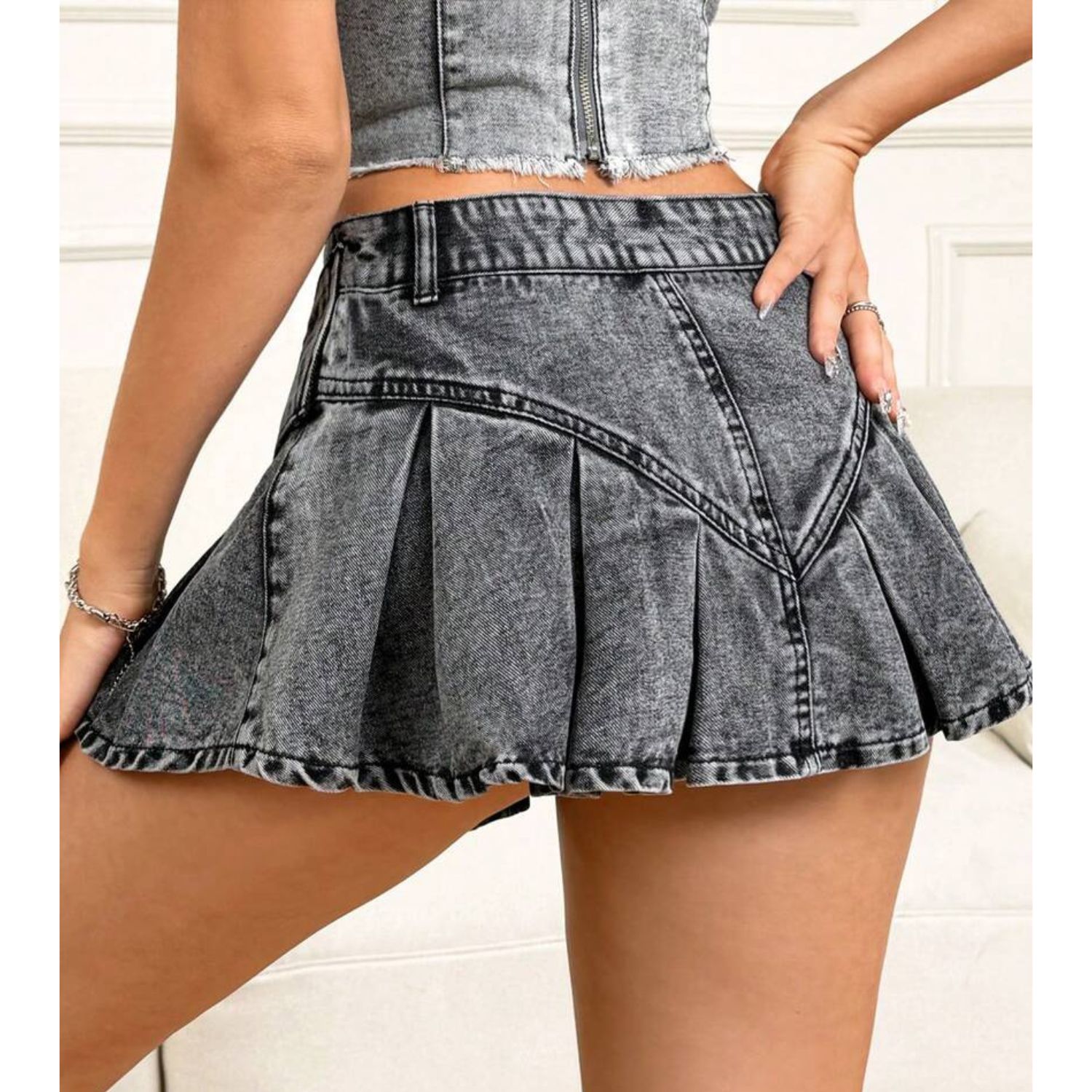 FALDA CORTA MUJER DENIM PLISADA SHORT INTERIOR TIRO ALTO - 6