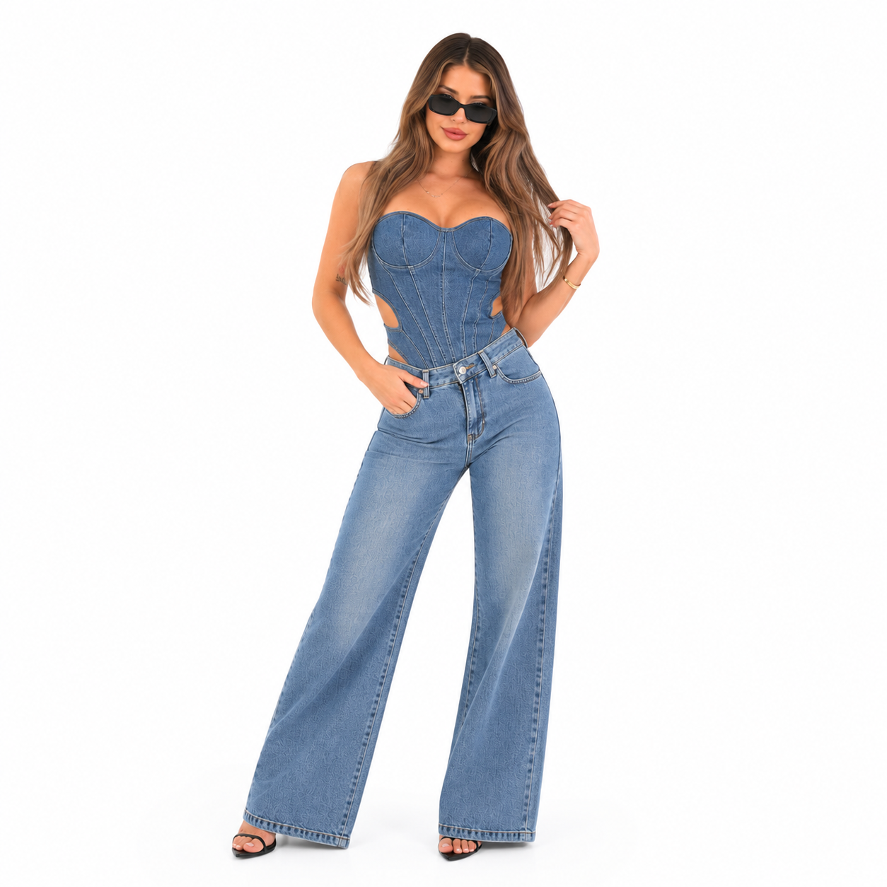 JEAN WIDE LEG MUJER DENIM RÍGIDO TIRO ALTO CINTURA ELASTICADA  FLAVIA  BENCUS JEANS - 1