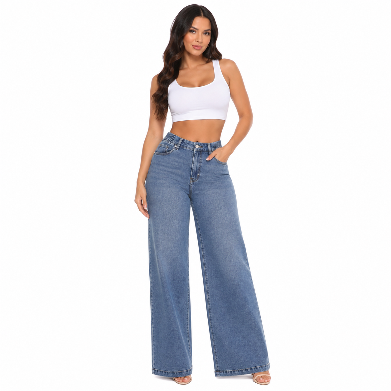 PANTALÓN JEAN MUJER WIDE LEG DENIM RÍGIDO TIRO ALTO CINTURA ELASTICADA | BENCUS JEANS - 1