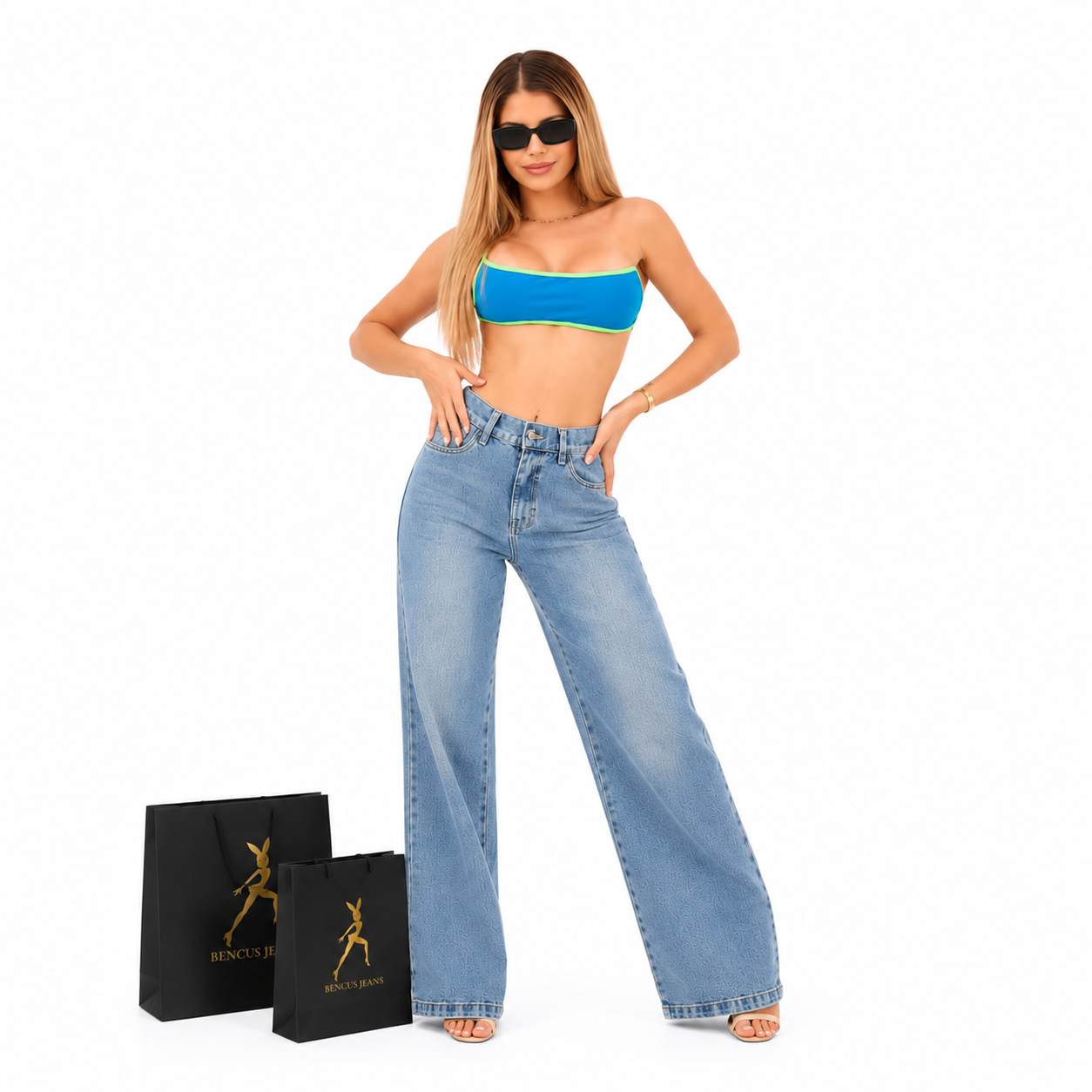 JEAN MUJER WIDE LEG CELESTE DENIM RÍGIDO TIRO ALTO FLAVIA | BENCUS JEANS - 2