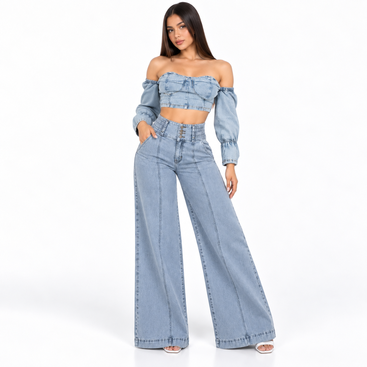 PANTALÓN JEANS WIDE LEG MUJER FAJA INTERNA DENIM CONFORT BENCUS X JORGE SALINAS - 1