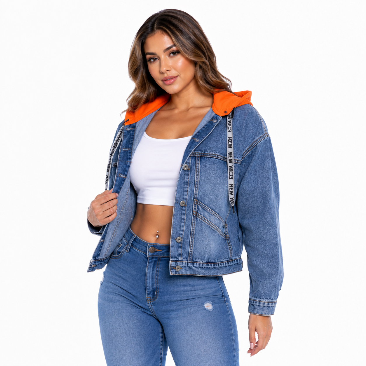 CASACA MUJER DENIM CON CAPUCHA REMOVIBLE NARANJA STREETWEAR TALLAS 28-36 - 3