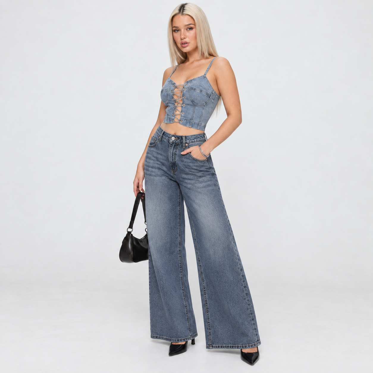 JEAN MUJER BENCUS WIDE LEG TIRO ALTO DENIM - 1