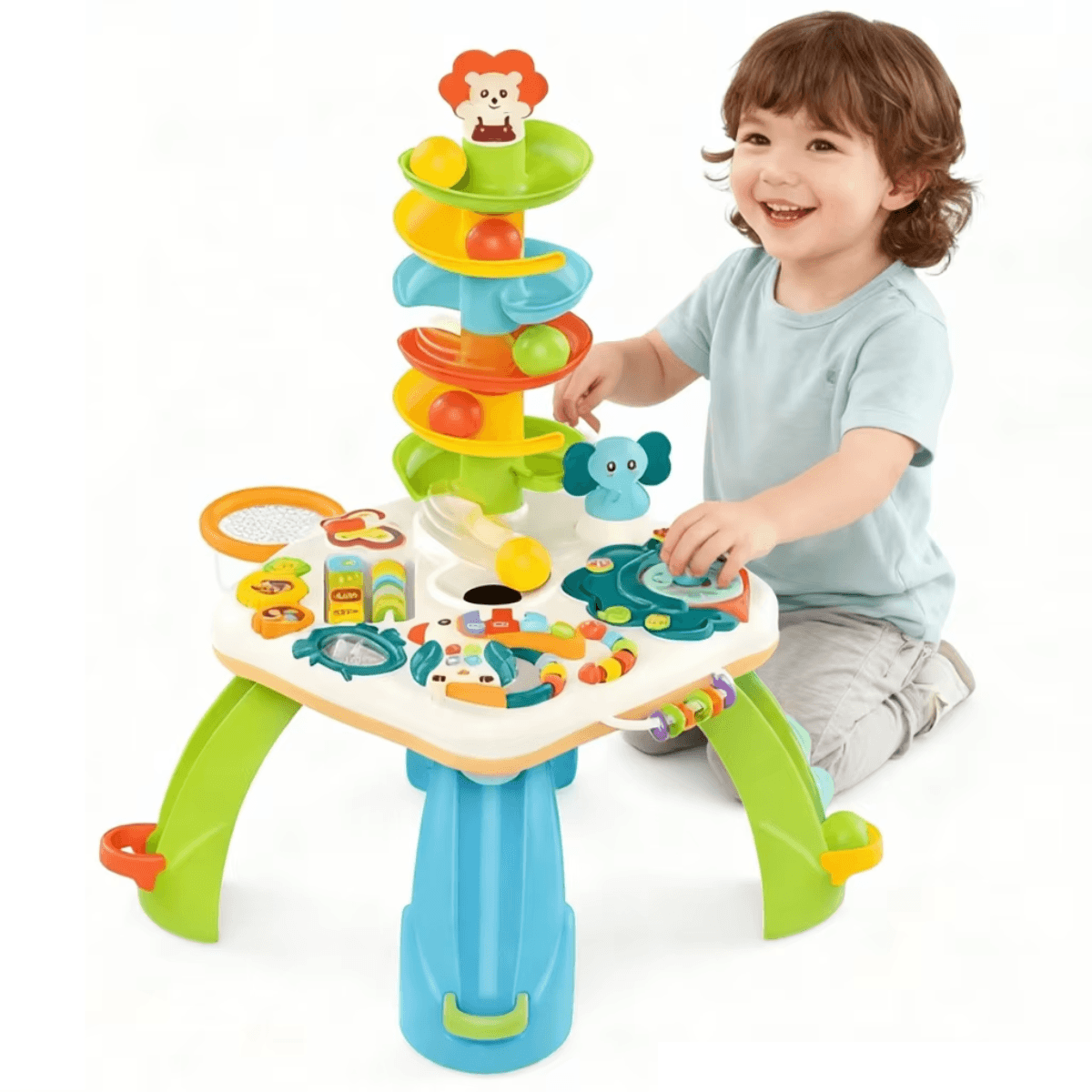 MESA DE ACTIVIDADES DIDÁCTICA 2 EN 1 HUANGER CON TORRE DE PELOTAS Y CENTRO SENSORIAL - 1