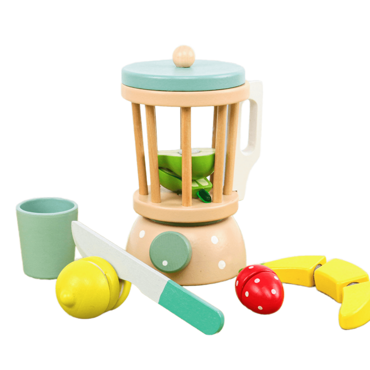 LICUADORA DE MADERA INFANTIL MONTESSORI + FRUTAS PARA CORTAR | JUGUETE DIDÁCTICO KABI - 1