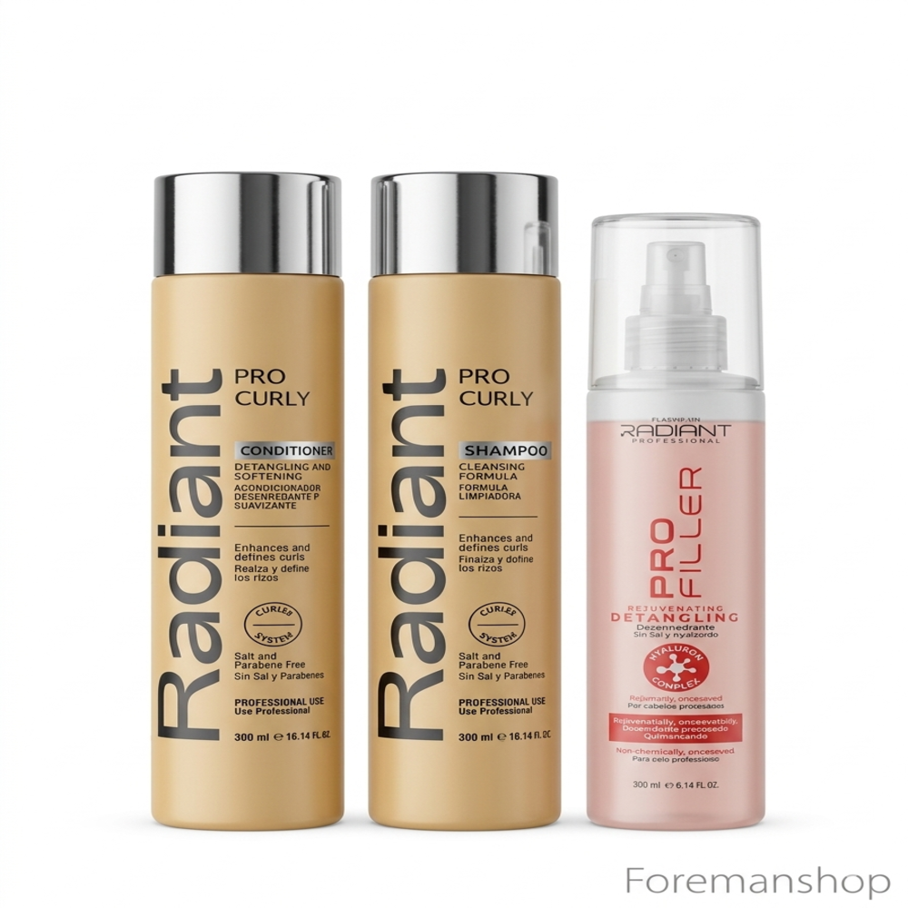 KIT RADIANT PROFESSIONAL PRO CURLY (SHAMPOO + ACONDICIONADOR + DESENREDANTE) - 1