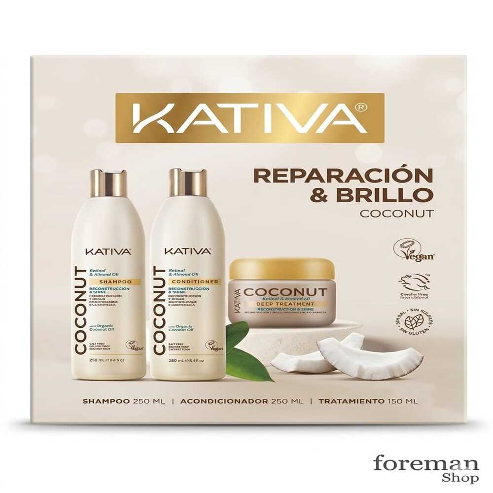 TRIO KATIVA COCONUT 250 ML - SHAMPOO + ACONDICIONADOR + TRATAMIENTO 150 ML - 1