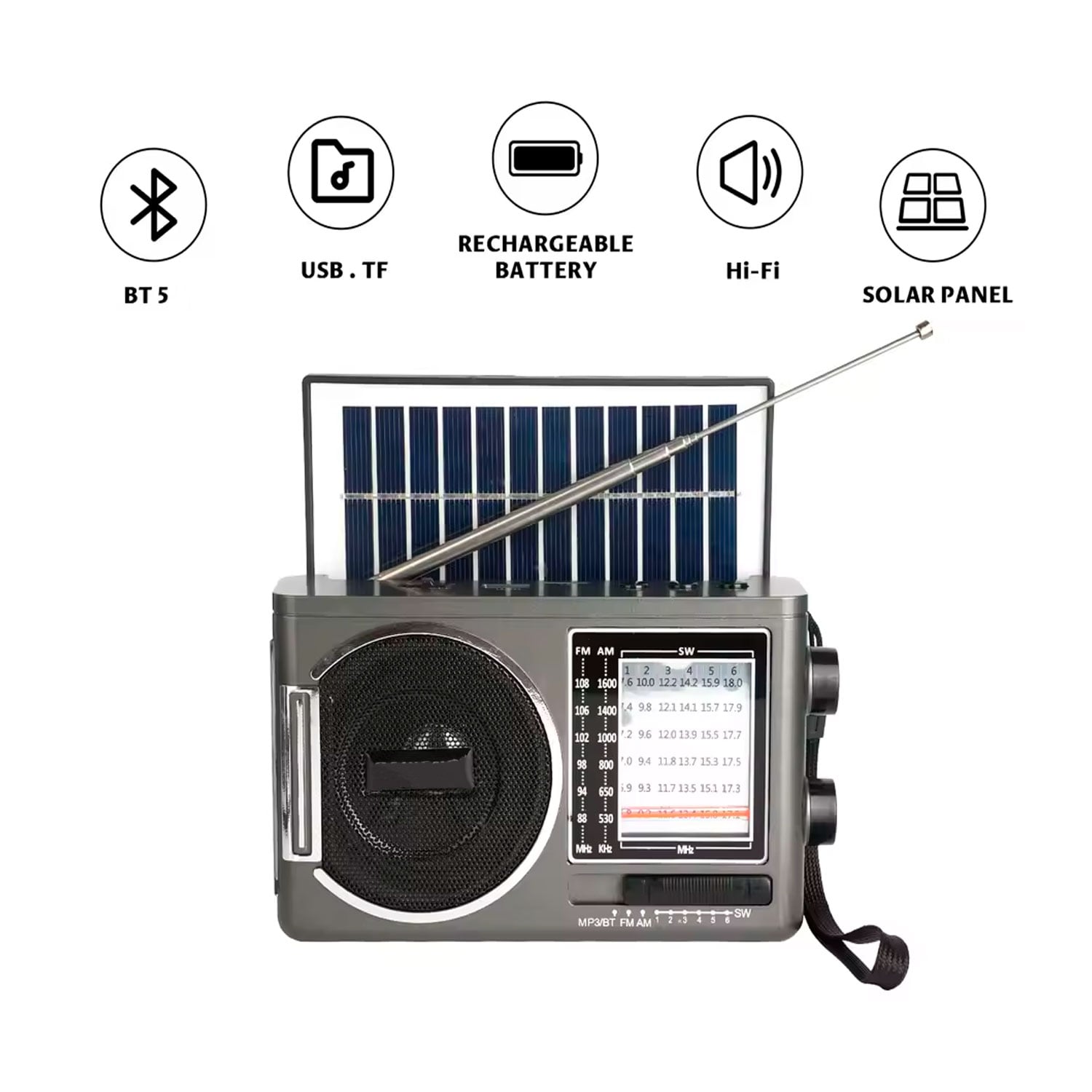 RADIO KTF-1646 PORTÁTIL PANEL SOLAR LINTERNA BLUETOOTH MULTIBANDA - 2
