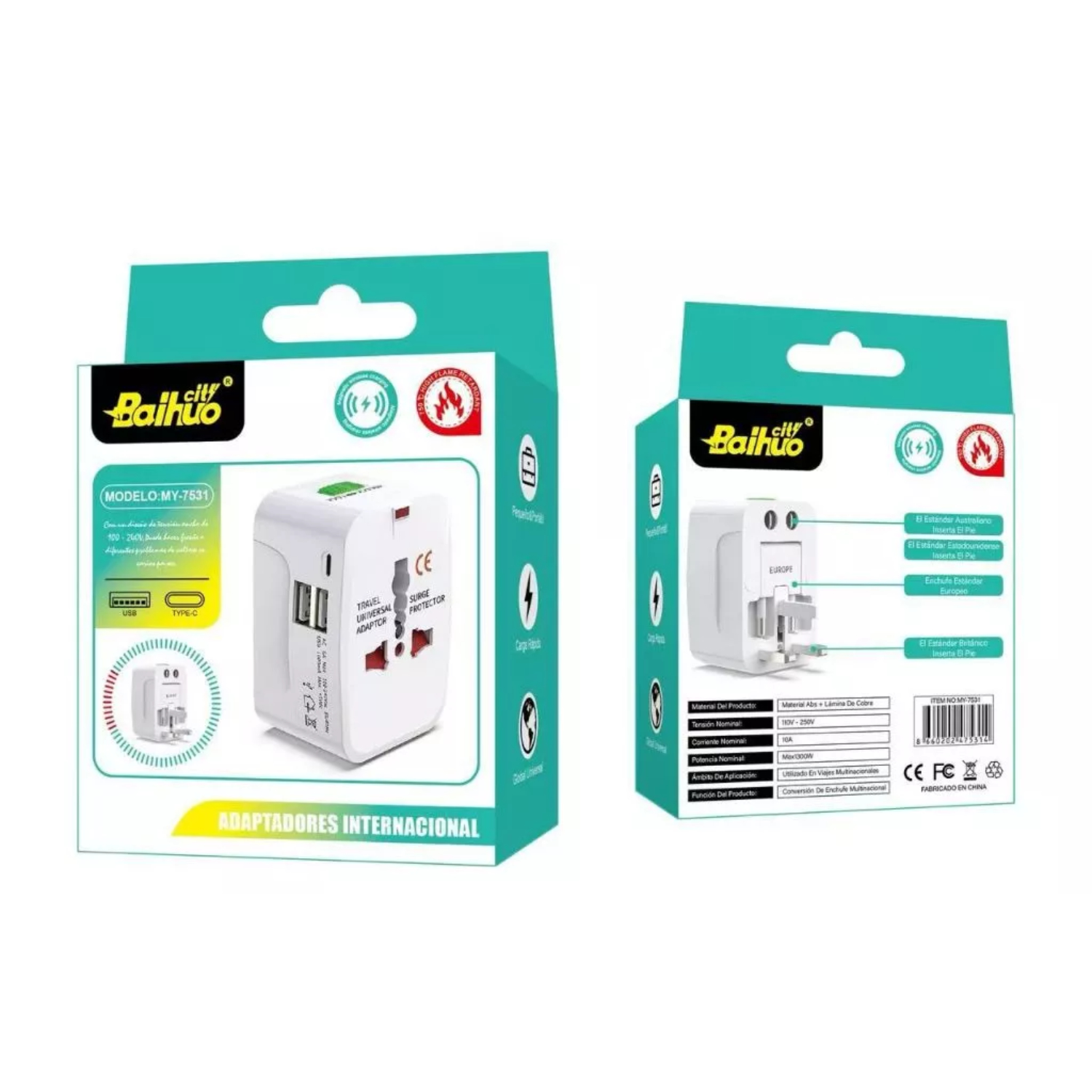 ADAPTADOR UNIVERSAL BAIHUO MY-7531 150 PAÍSES CON USB-C Y 2 USB - 5